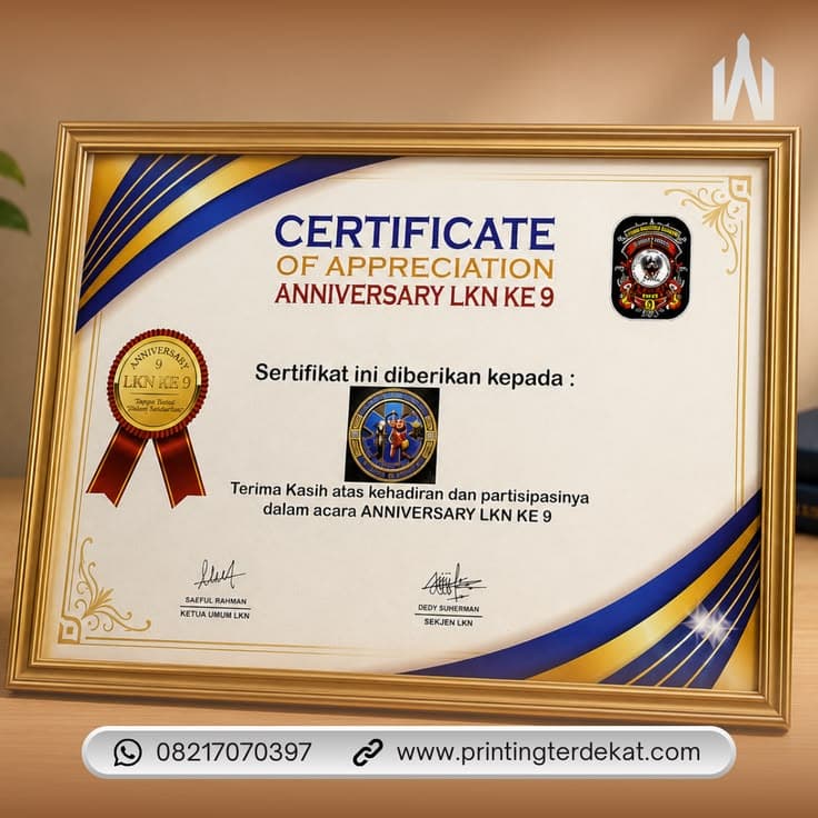 Sertifikat penghargaan premium hasil digital printing My Print Express.
