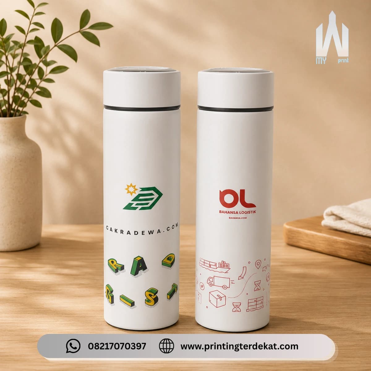 Cetak tumbler custom untuk souvenir dan merchandise.